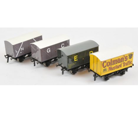 Ace Trains O Gauge. Group of 4x unboxed wagons. Comprising LNWR, ED &amp; GC closed vans, "Colman's Mustard" closed van. Cond