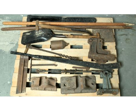 Group of Vintage Lineside Maintenance Tools and Lever Arm - Shovels (one marked Browning GWR 1943 - Handle in poor condition 