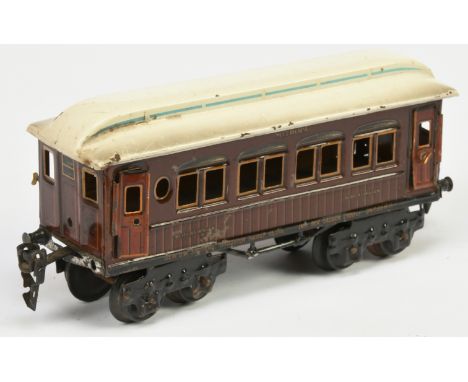 Marklin O Gauge Mitropa Speisewagen Coach. Lithographed in brown, lined in orange and black with Mitropa to coach sides. Cond