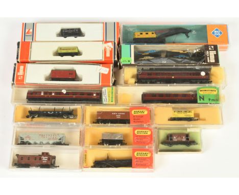 Group of N Gauge Wagons - US Outline Caboose, Hopper Wagon and Flatbed. Roco 2350 'DB' Mobile Goods Crane. Lima LMS Van, Two 