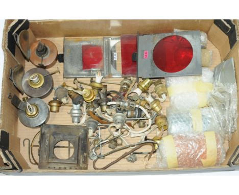 Assorted Oil Lamp spare parts - Brass and Ceramic burners with wicks, Some Tinted Glass wrapped up. Other parts shown in phot