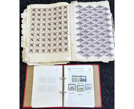 A book of complete sheets of stamps together with a stamp album to include horse racing, British flowers and horses etc