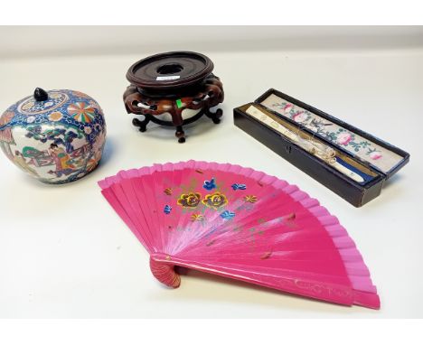 Vintage Pink  Floral Hand Fan, Chinese hardwood base, Chinese Famillie Rose lidded vase and silk hand painted fan with origin