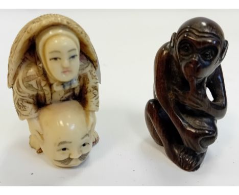 Vintage Japanese carved resin Netsuke together with wooden monkey netsuke