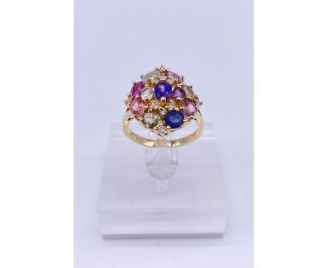 9ct Gold ladies multi coloured stone dress ring Size: RWeight: 5.32g