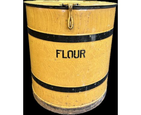 Vintage Flour bin in the form of a barrel with a hinge cover and labelled flour to the front. [53.5x48.5x50cm]