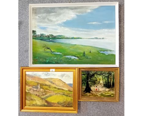 Three Vintage Artworks;Eric Ritchie - oil on canvas titled'' Aberlady Bay'', signed and dated 1967.Shelia Dewsbury - Oil on c