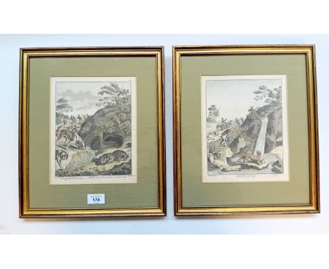Pair of 18th Century hand coloured engraving ''Badger Hunting'', circa 1740[38x33cm]