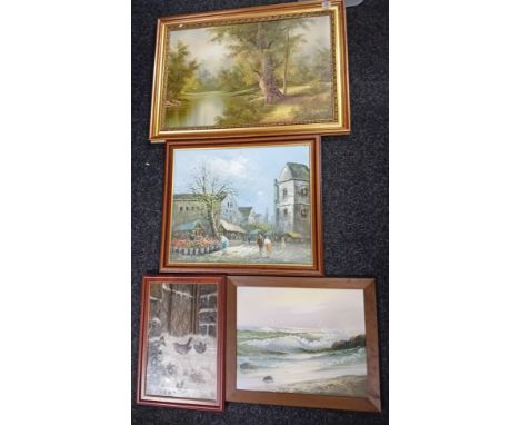 A lot of 4 oil paintings , winter robin scene, Village Marker, Seascape and Riverscape