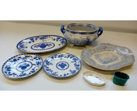 Collection of blue and white ware to include 19th Century platter and tureen dish. Delph platter and plates. Together with We