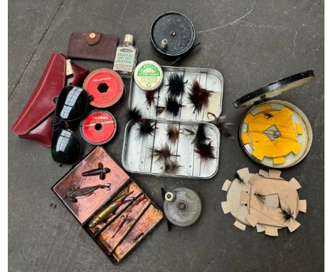 Mixed lot of fishing equipment to include Hardy Bros fly box containing flies, Hardy fishing lure and fly reels