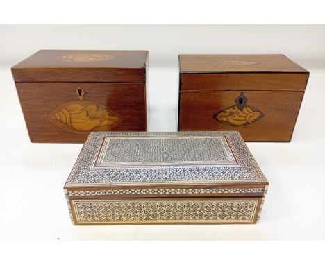 Two Antique Tea Caddies together with vintage Egyptain Marquetry inlaid box