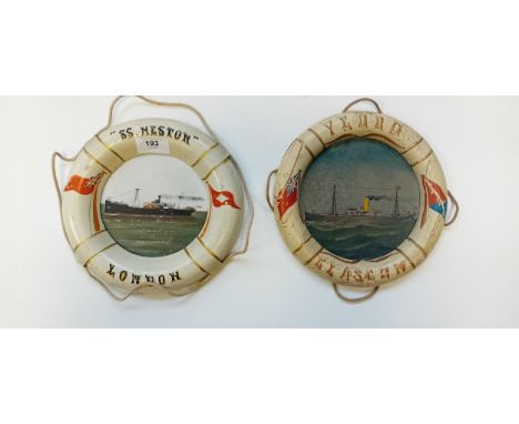 Vintage lifebouy framed paintings of ships to include SS Meston, London.[22x22cm]