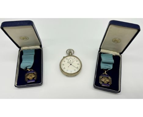 British military split second timer stopwatch PATT4 together with two silver long service medals