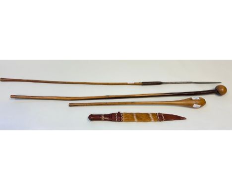 A group lot to include leather handled machete with animal skin scabbard, Trench club, Knobkerrie and a spear.