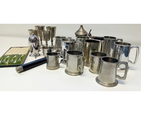 Box of Plated ware, pewter tankards, swanee whistle, boxed fork set etc