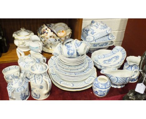 An A E &amp; Co Majestie green and white tea service, forty pieces, and a collection of Furnivals Ltd Old Chelsea blue and wh