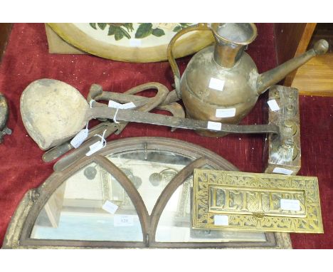 A heavy cast iron ladle, 43cm long, a set of five brass scale weights, 1kg - 50gms and other metalware.