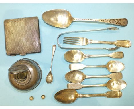 A silver inkwell, Chester 1923, an engine turned silver cigarette case and various small silver flatware.