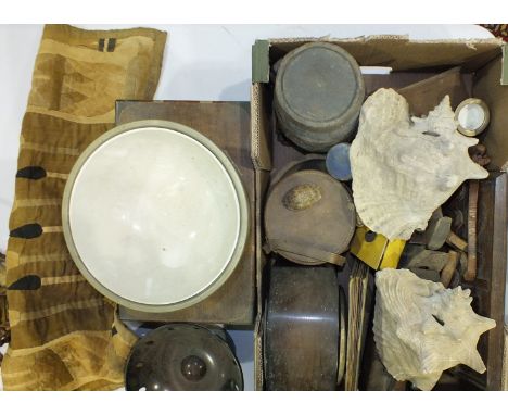 A brass bound mahogany writing box, 35cm wide, a mantel clock, other wooden items, two bowler hats and other miscellanea.