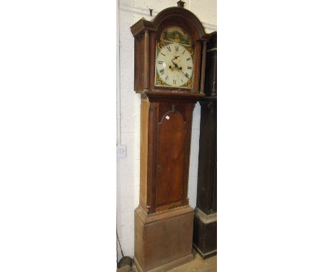 An early 19th century oak longcase clock with arched painted dial and twin-train bell-striking movement, in need of complete 