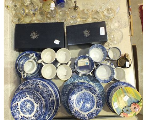 A collection of Broadhurst Ironstone English Scene blue and white tea and dinnerware and other blue and white ceramics, glass