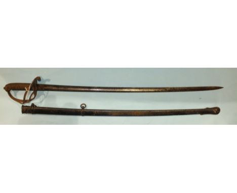 A basket-hilted cavalry sword, the 87cm slightly curved blade engraved Presented to Troop Sergeant Major A Farrell, 8th Hussa