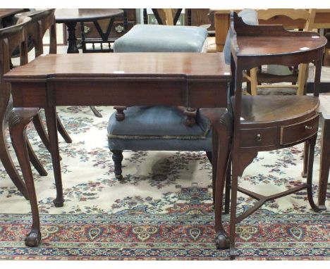 A mahogany carved fold-over card table, 86cm wide and a mahogany two-tier corner unit, (20