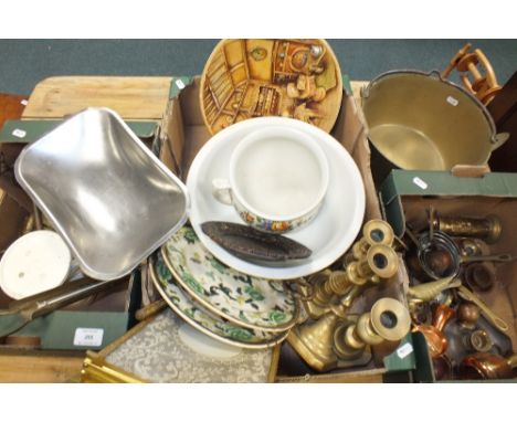 Three boxes of kitchenalia including brass candlesticks, copper ware, pottery chamber pot, and bowl, kitchen scales also a br