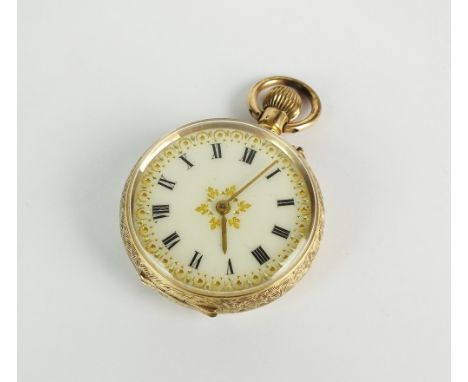 A Lady's fob watch, the decorative white enamel dial with Roman numerals, the gilt keyless movement not signed, the decorativ