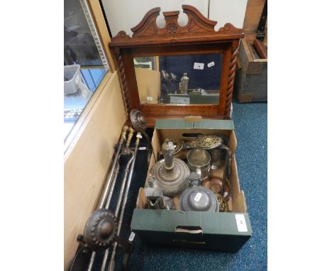 Metal wares to include a set of steel and brass fire tools with a pair of iron fire dogs, a quantity of other metal wares inc