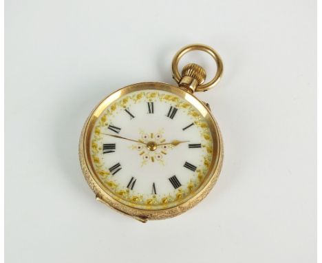 A Lady's fob watch, the decorative white enamel dial with Roman numerals, the gilt keyless movement not signed, the decorativ