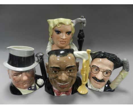 Four Royal Doulton large size character jugs from the Celebrity collection, Louis Armstrong, W C Fields, Groucho Marx and Mae