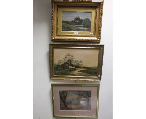 British school, circa 1900, rural river scene, initialled C E, oil on canvas together with an oil of a rural cottage signed M