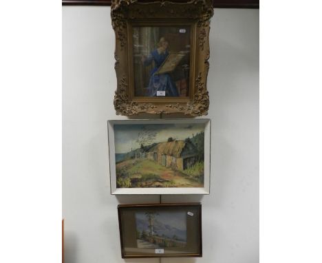 E Fairhurst, late Victorian lady sewing a tapestry, signed lower left, watercolour, 29cm x 24cm together with a gouache, Amal