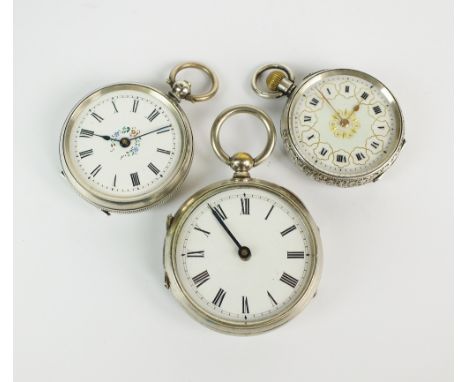 A Lady's silver cased open face fob watch, circa 1900, the decorative white enamel dial with Roman numerals, the gilt keyless