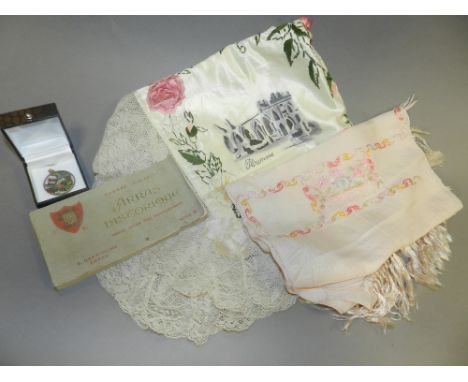 A collection of First World War memorabilia and ephemera to include an embroidered silk sweetheart scarf with Royal Artillery
