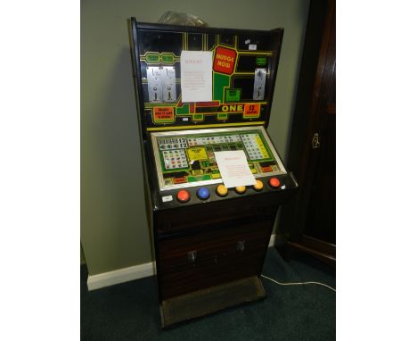 An All or One' Jackpot slot machine in simulated rosewood case with buttons for 'Cancel' 'Bonus Nudge' 'Nudge Hold', 66cm wid