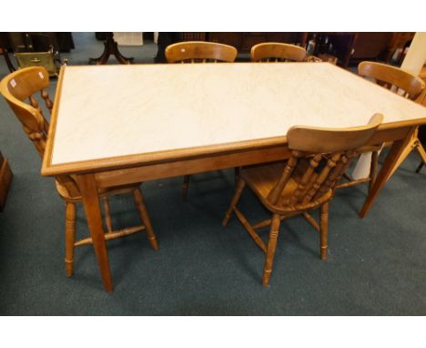 A light oak and beech kitchen table with inset marble effect MDF top on square tapering legs, 187cm long, 97cm wide, 79cm hig