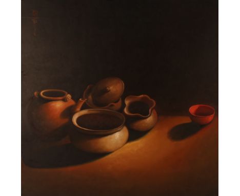 20th Century Oriental school, study of pots and vessels in shaded light, signed oil on canvas, 80cm x 80cm