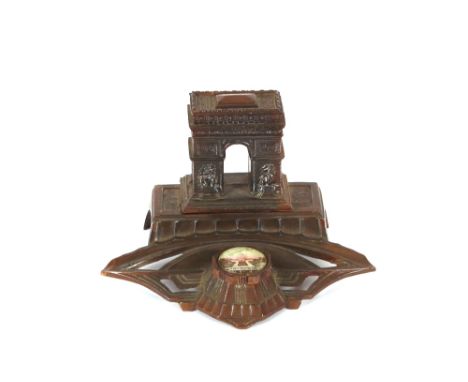 A French Art Deco design spelter inkwell, in the form of the Arc de Triomphe