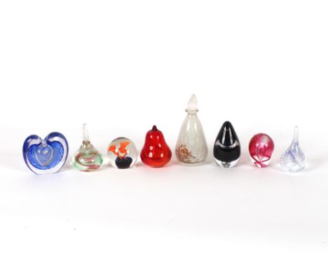 A Mdina mottled glass scent flask and stopper; and seven various coloured glass paper-weights