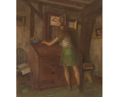 James Govier, 1910-1974, Swansea school artist, study entitled "Setting the clock",&nbsp; watercolour, 36cm x 31cm