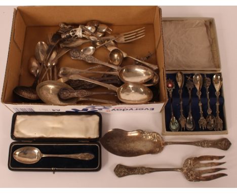 Various silver flatware including a sauce ladle by Mappin &amp; Webb, a Continental fish slice, various condiment spoons etc.