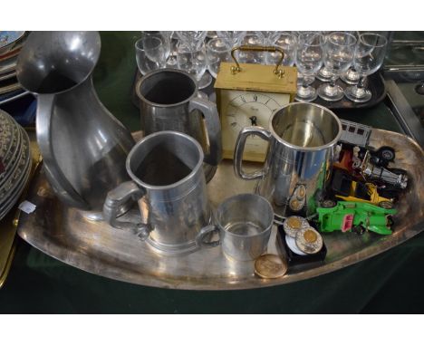 A Silver Plated Tray Containing Pewter Tankards and Jug, Quartz Carriage Clock, Diecast Toys Including Chitty Chitty Bang Ban