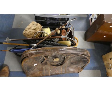 A Box Containing Two Shooting Sticks, Umbrellas and Walking Stick, Sundries 