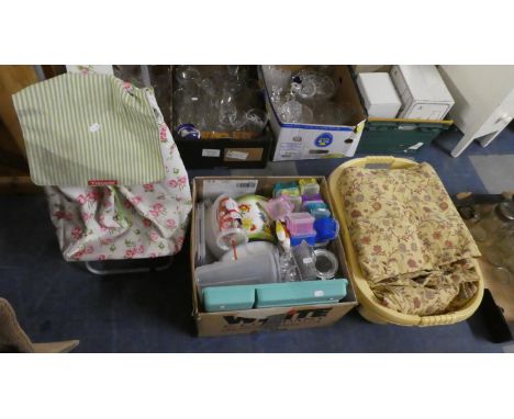 A Box of Kitchen Wares, Box of Tapestry Curtains, Shopping Trolley etc 