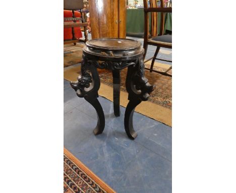 A Carved Oriental Circular Topped Vase Stand with Tripod Lion Supports, Top 28cm Diameter 