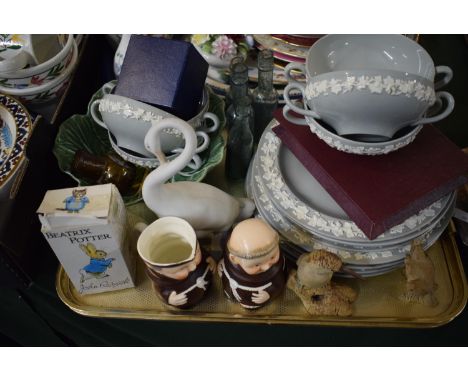 A Tray of Sundries to Include Wedgwood, Jasperware Dinnerwares, Goebel Monk Jug, Beswick Beatrix Potter Jemima, Glass Paperwe