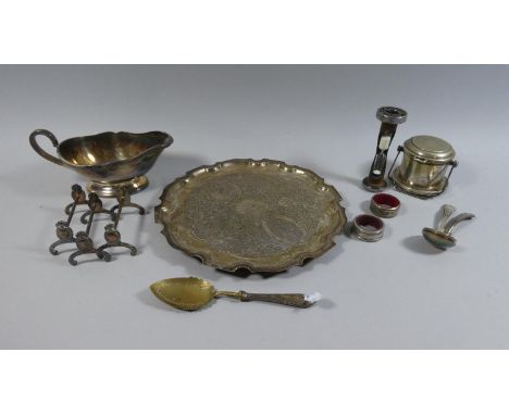 A Collection of Silverplate to Include Sauceboat, Cutlery, Knife Rests, Egg Timer, Napkin Rings and Presentation Salver 